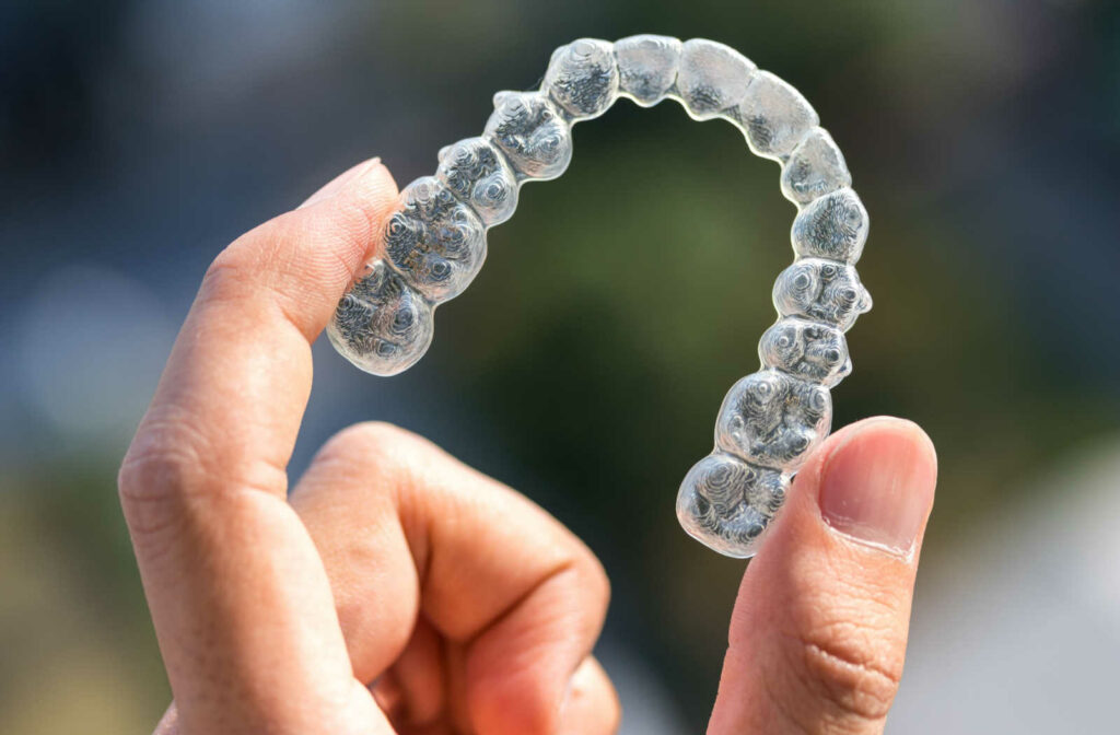 Close up image of a hand holding an aligner.
